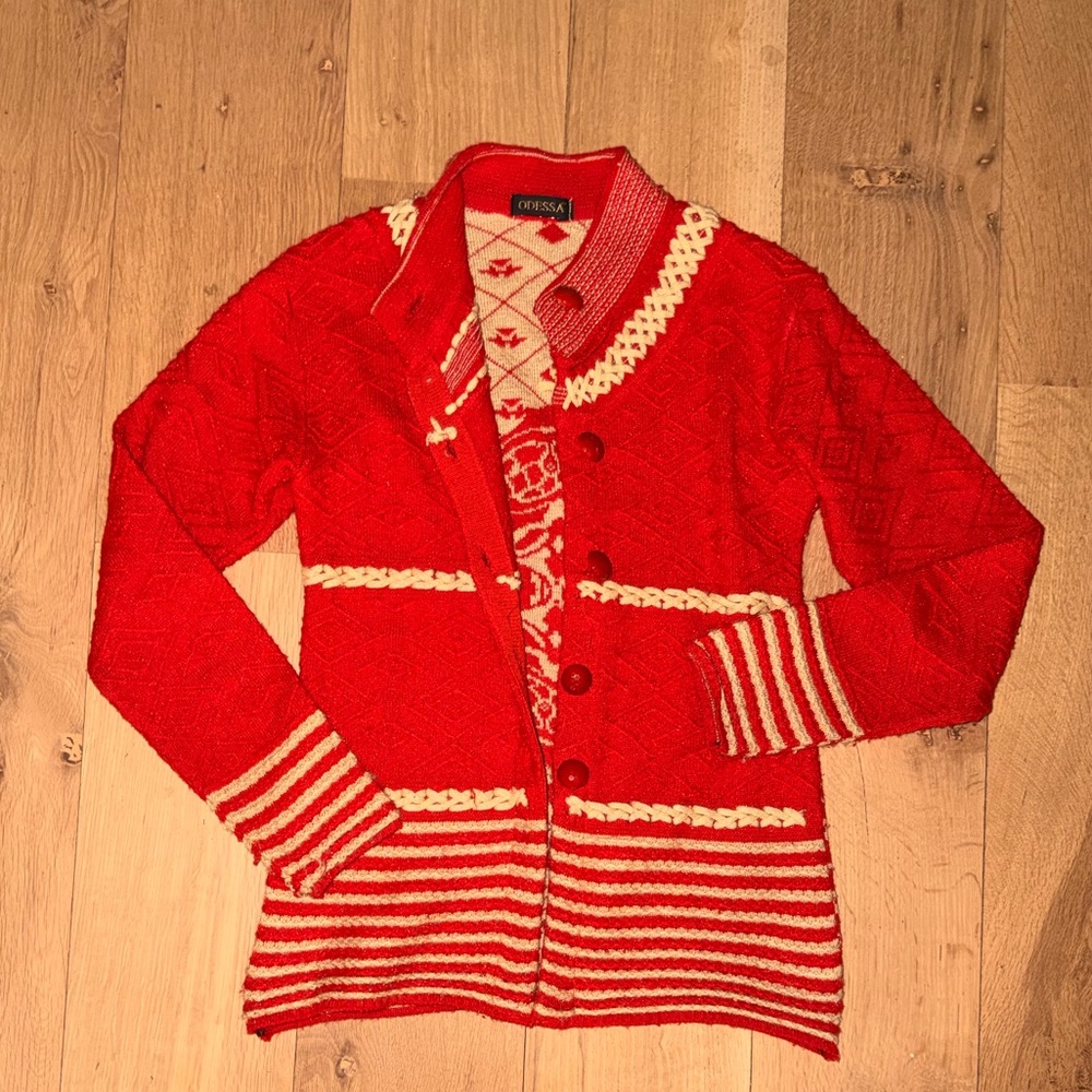 Vintage Odessa Red Nordic Knit Cardigan Sweater